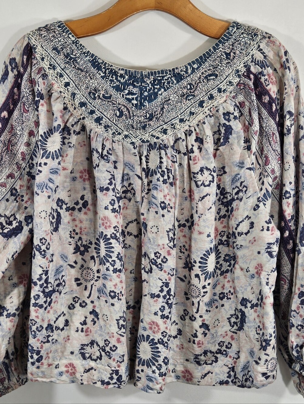 Lucky Brand Peasant Top Womens Small Embroidered Cotton Blend Floral Blouse - Picture 3 of 5
